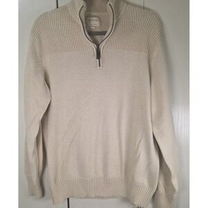 Eclectic Grandpa Men's 1/4 Zip Sweater Large Beige Cotton Knit Pullover